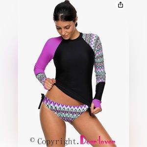 Women's Long Sleeves Rash Guard Athletic Swim Aztec Tankini set